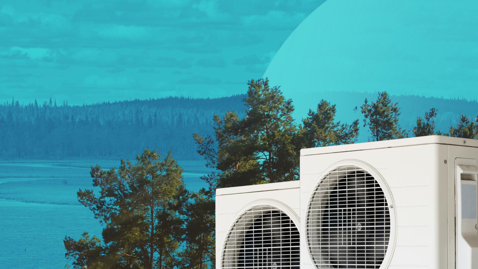 A graphic with heat pumps and trees in front of a blue-tinted forest